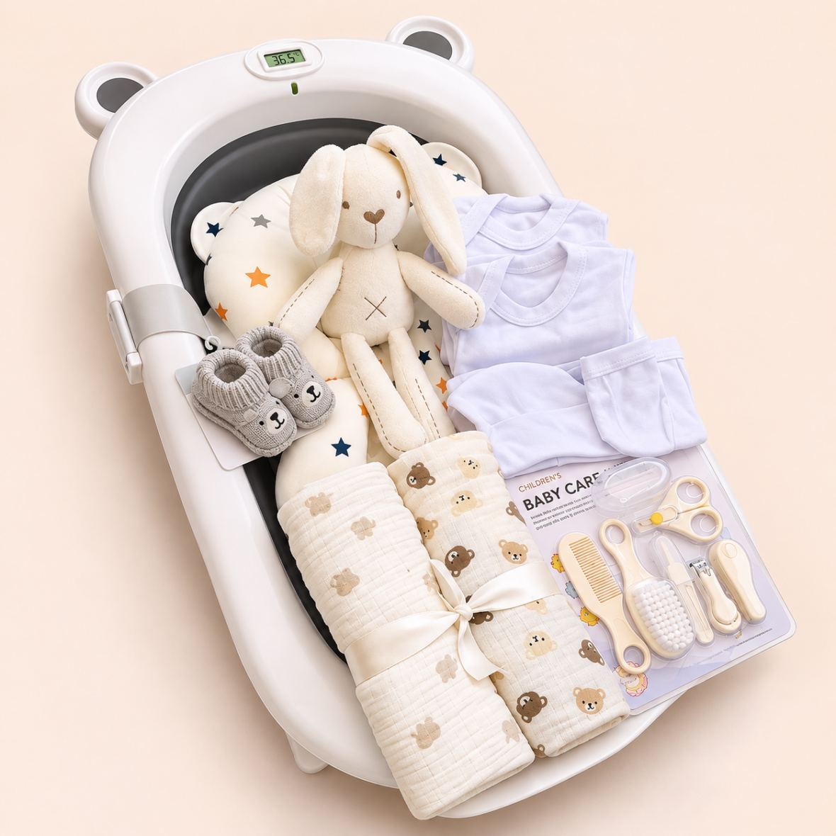 PACK BAÑERA CONEJITO CON ACCESORIOS – PLEGABLE CON TERMÓMETRO – 3 COLORES