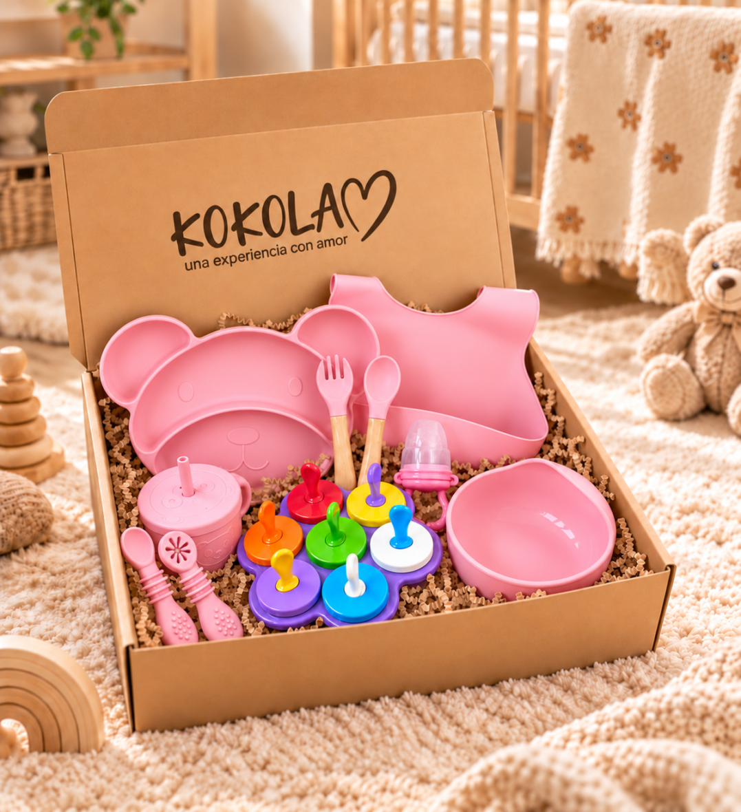 Set de Alimentación Osito de Silicona Rosa Claro